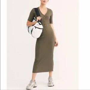 FREE PEOPLE Beach LuLu Henley Midi Dress Olive/Green Medium. NWT